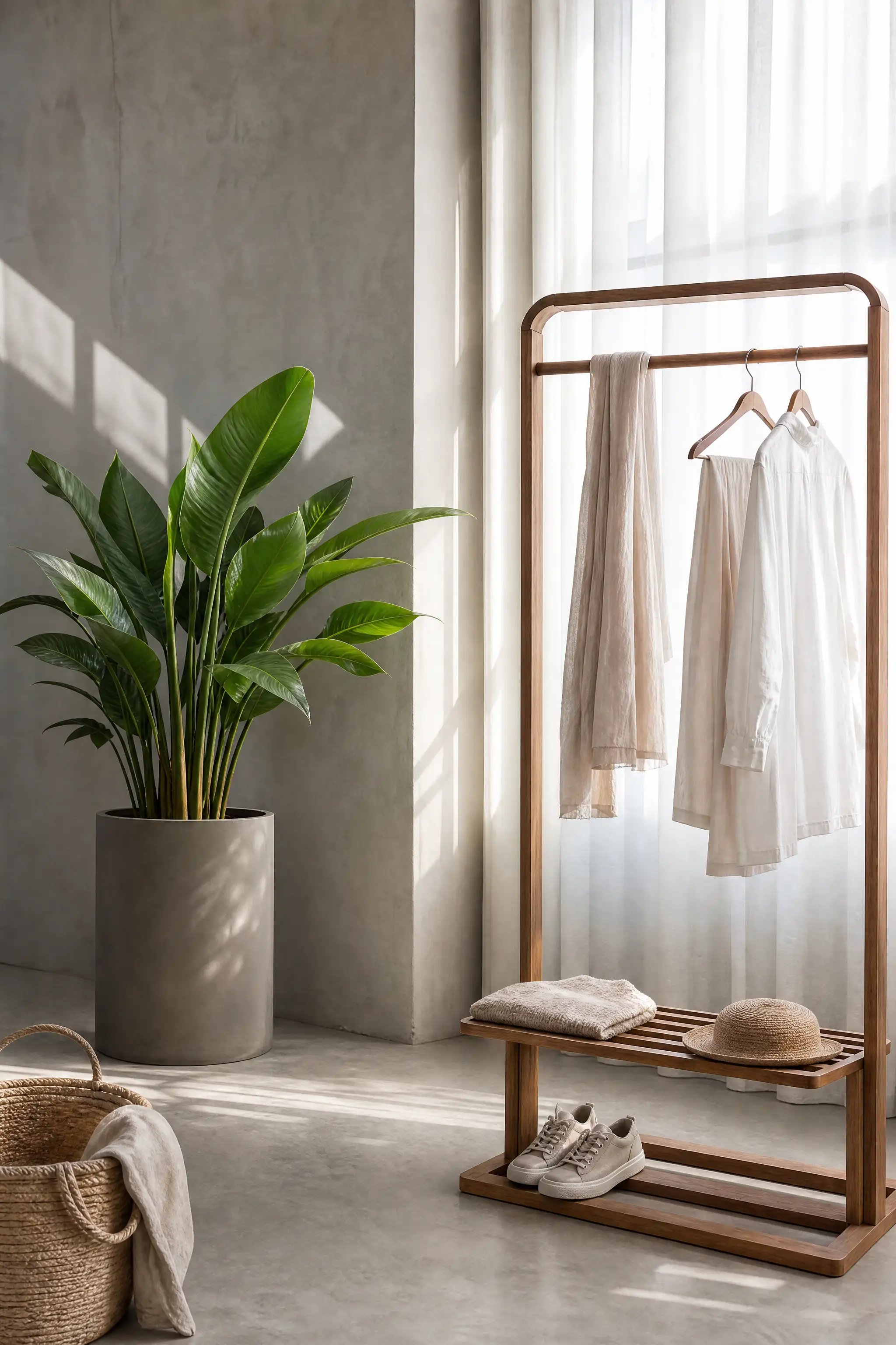 Minimalist wardrobe with clothes, plant, and natural light