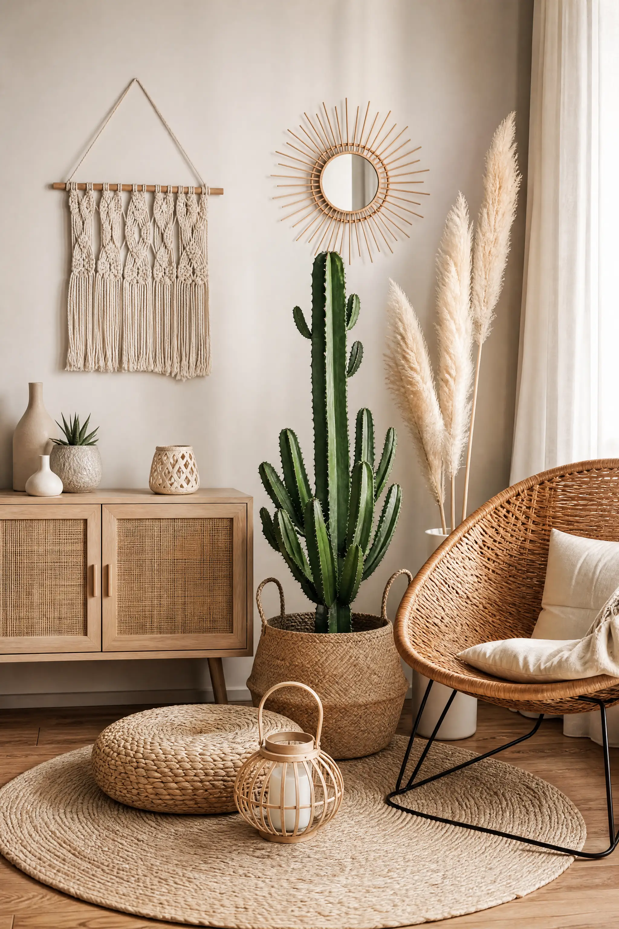 Boho corner with cactus, rattan chair, and wall decor