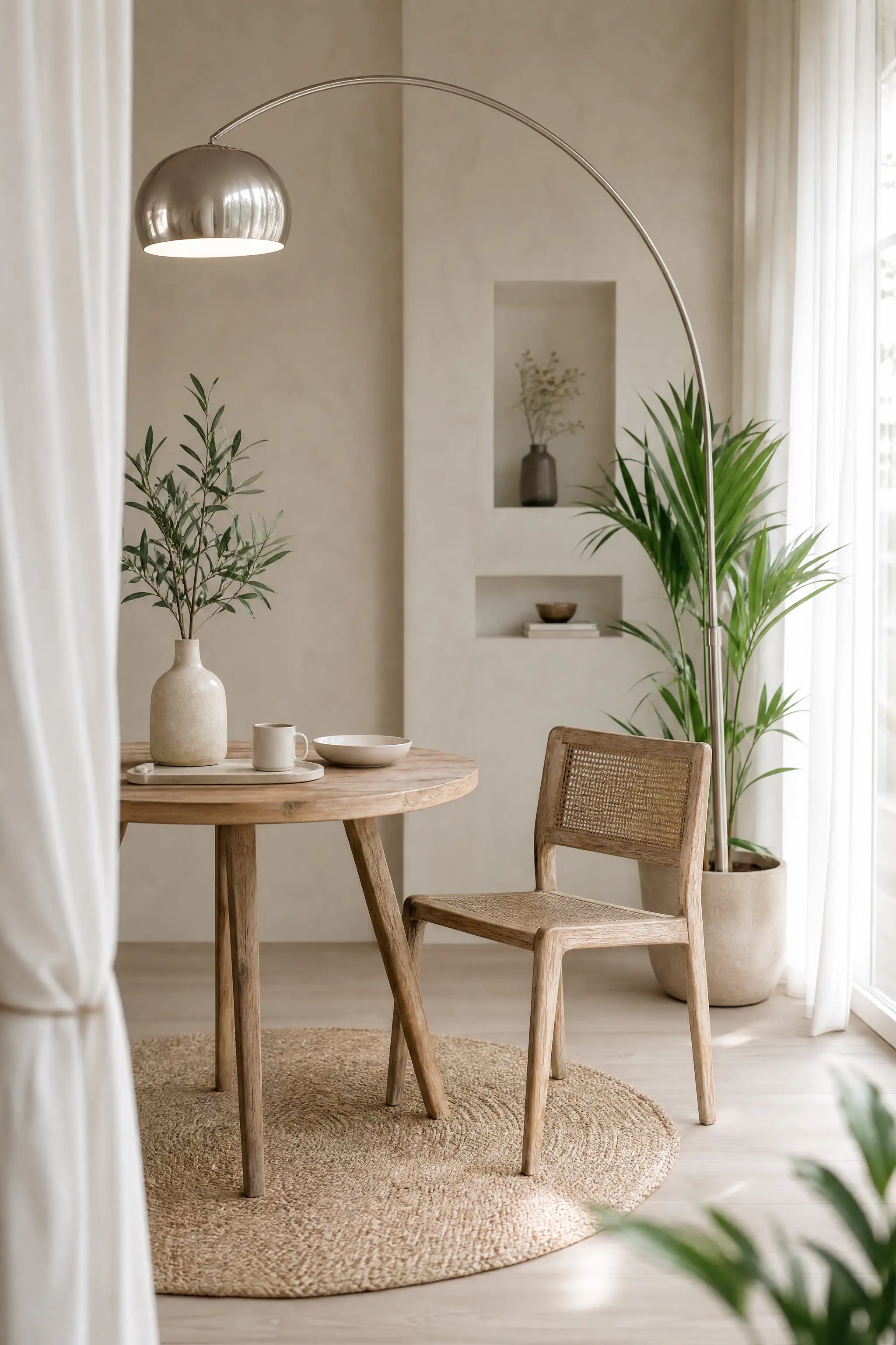 Bright, minimalist dining area with plants and arc lamp